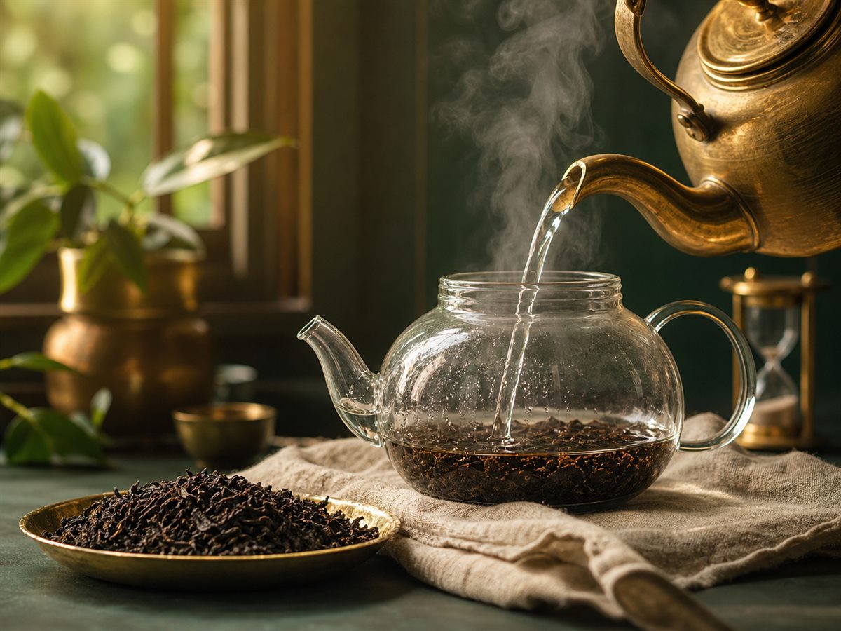 Fresh hot water being poured from a brass kettle into a glass teapot with Ceylon black tea leaves