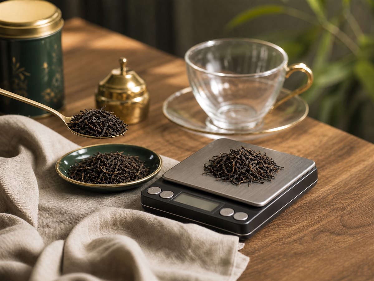 Loose Ceylon black tea being measured with a brass spoon and scale before brewing