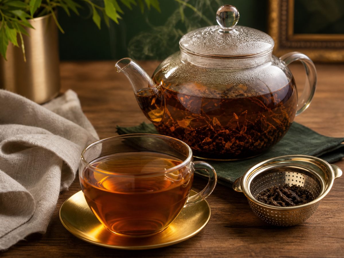 Ceylon black tea steeping in a glass teapot with a strainer ready to separate the leaves