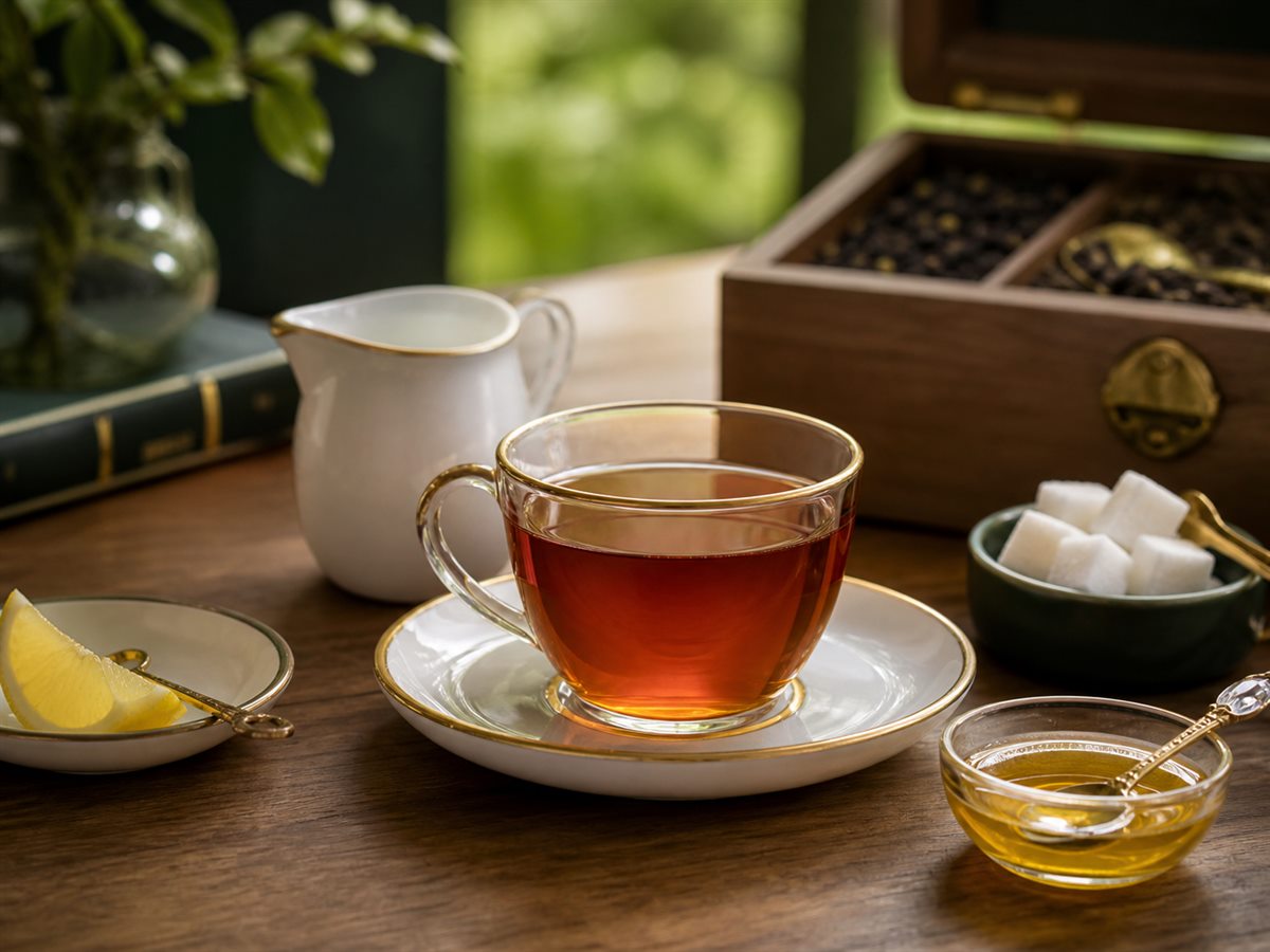 Finished cup of Ceylon black tea with lemon, milk, honey, and sugar nearby before anything is added