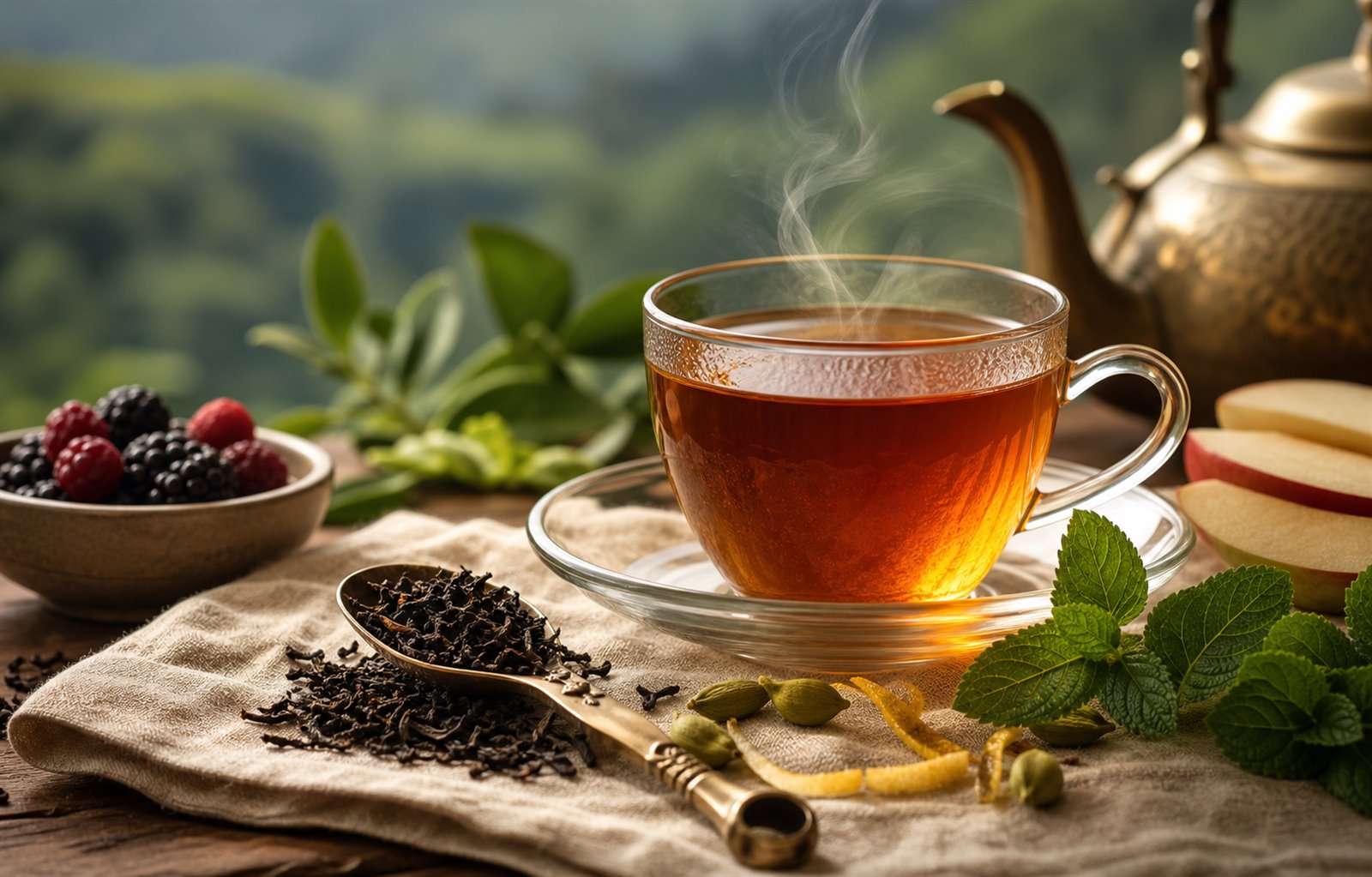 A warm cup of Ceylon black tea with steam, loose tea leaves, fruit, herbs, and a brass kettle