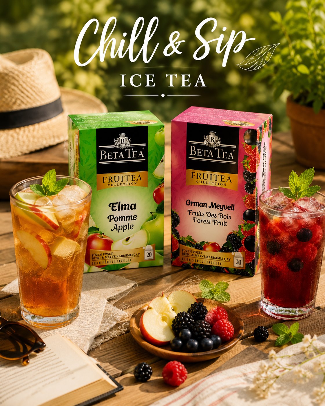 Beta Tea fruit teas prepared over ice with fresh fruit