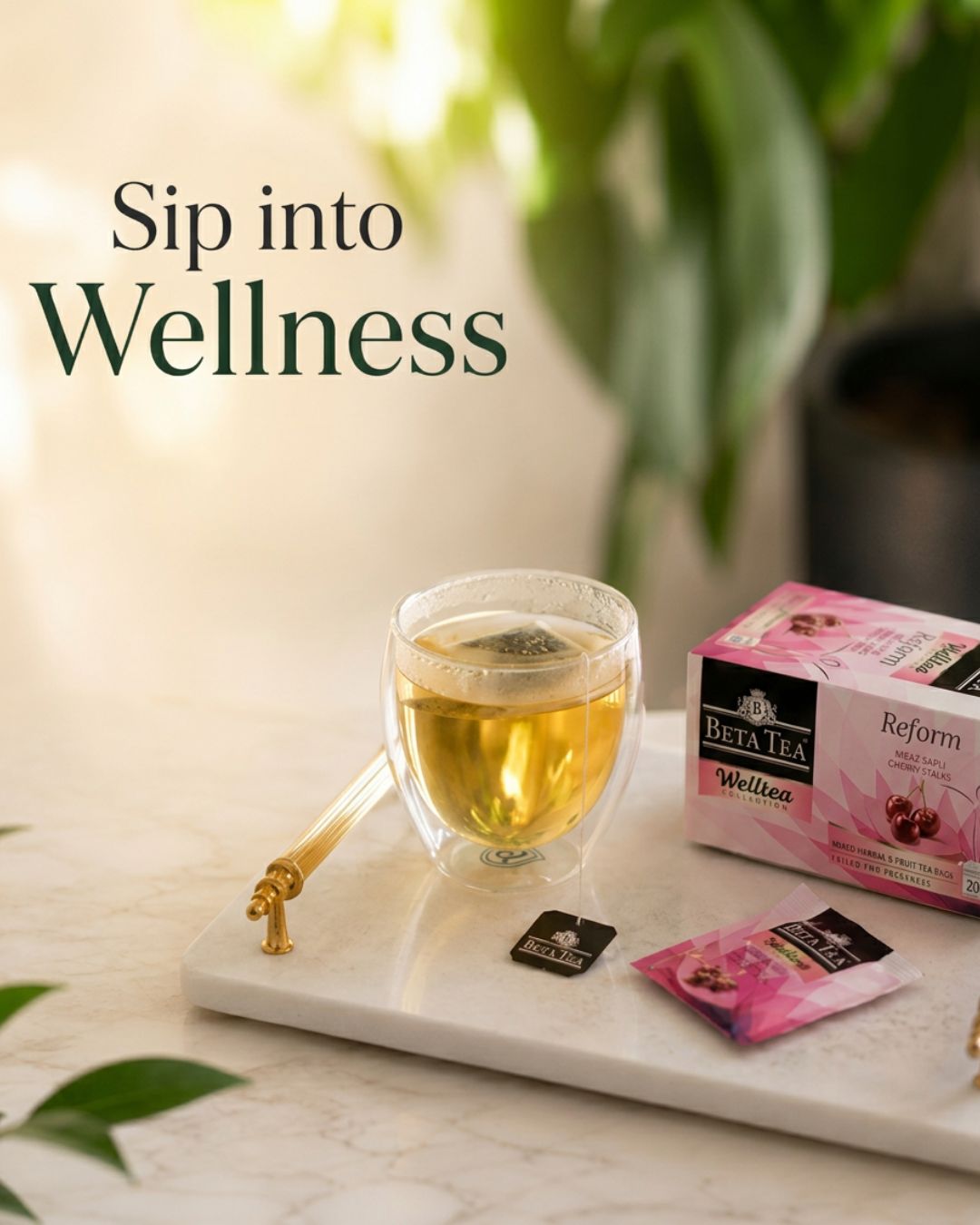 Beta Tea wellness tea beside a warm glass cup