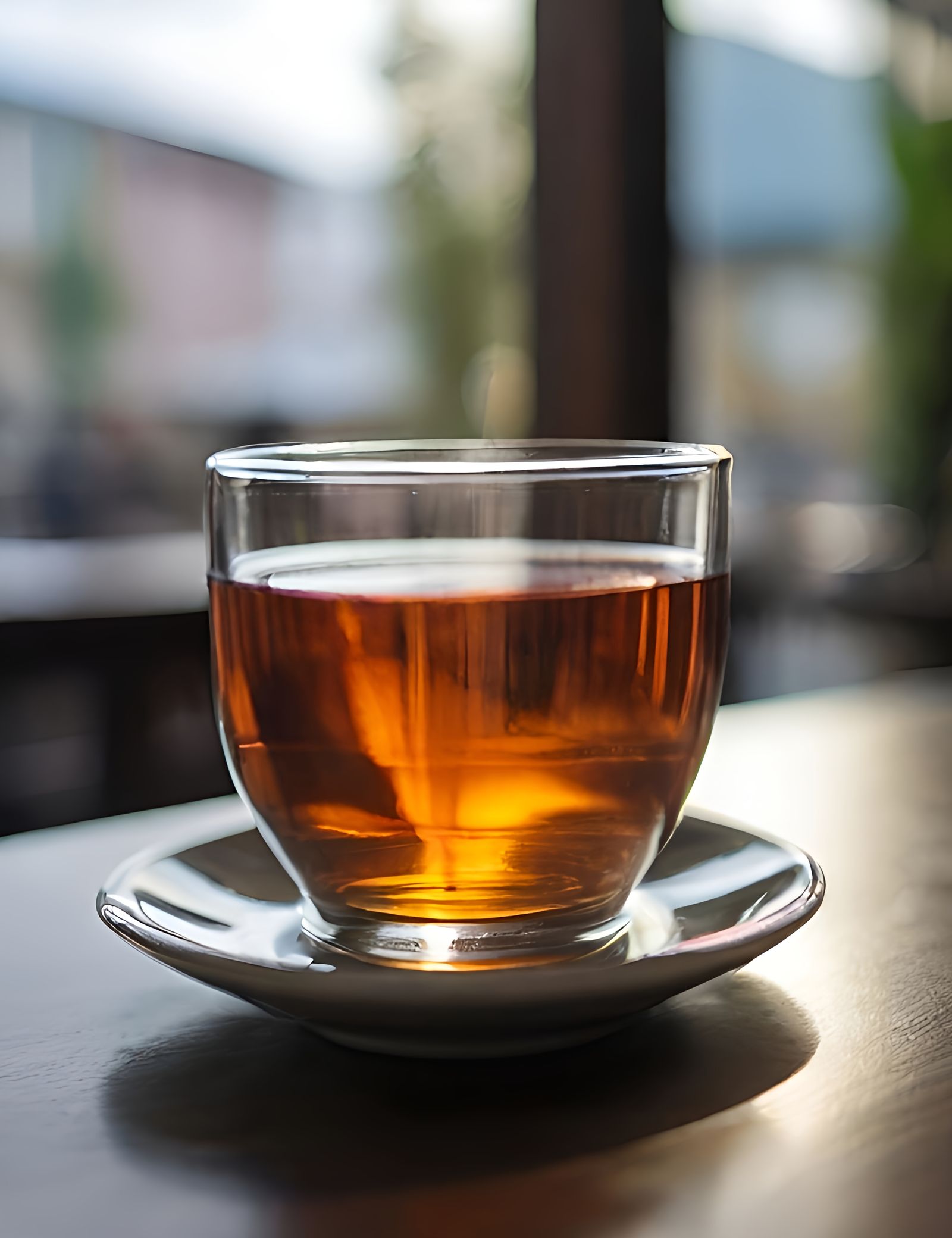 A steaming cup of tea served in a clear glass